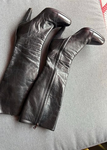 Prada Siyah Deri Dizüstü Stiletto Çizme - Görsel 7