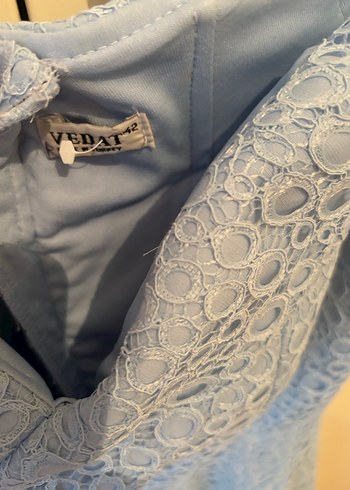 Vedat 42 Dantel Detaylı V Yaka Uzun Mavi Abiye Elbise - Görsel 5