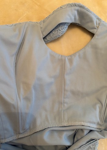 Vedat 42 Dantel Detaylı V Yaka Uzun Mavi Abiye Elbise - Görsel 8