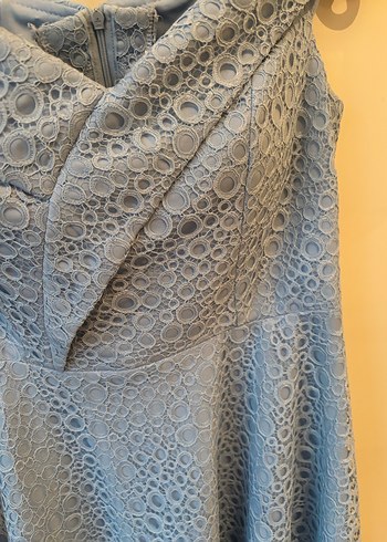 Vedat 42 Dantel Detaylı V Yaka Uzun Mavi Abiye Elbise - Görsel 4