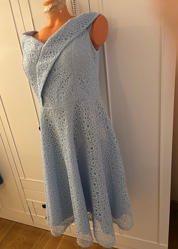 Vedat 42 Dantel Detaylı V Yaka Uzun Mavi Abiye Elbise - Görsel 2