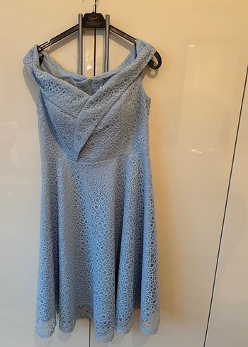 Vedat 42 Dantel Detaylı V Yaka Uzun Mavi Abiye Elbise - Görsel 3