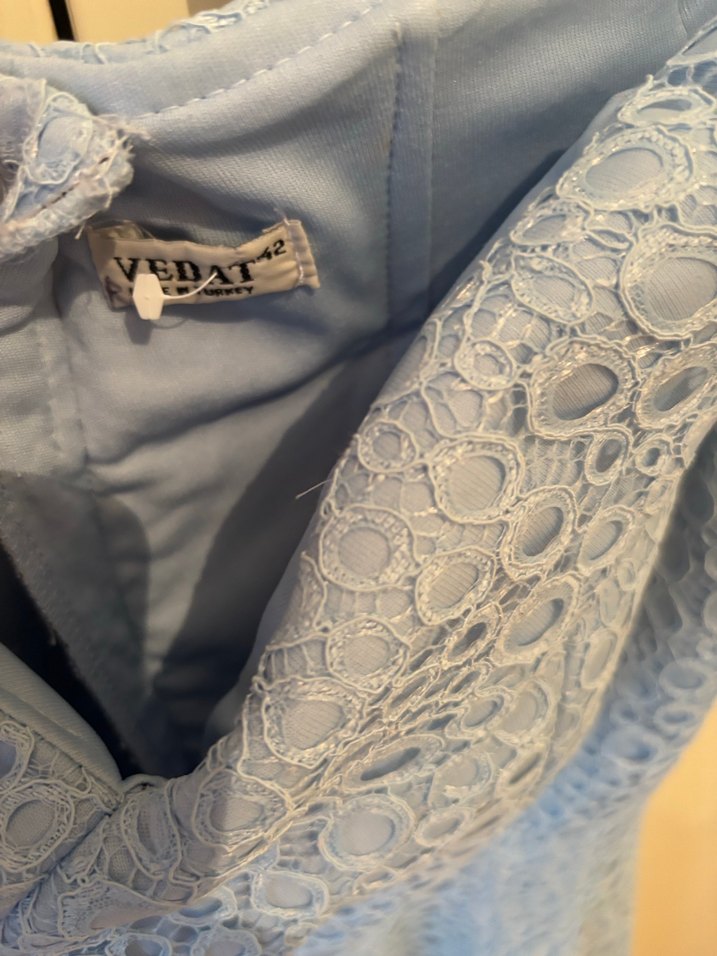 Vedat 42 Dantel Detaylı V Yaka Uzun Mavi Abiye Elbise - Görsel 5