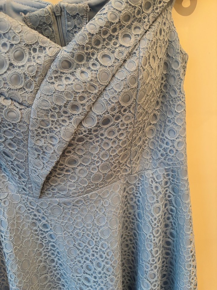 Vedat 42 Dantel Detaylı V Yaka Uzun Mavi Abiye Elbise - Görsel 4