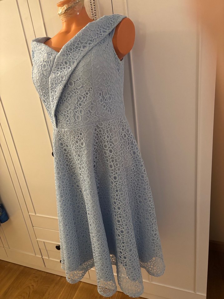 Vedat 42 Dantel Detaylı V Yaka Uzun Mavi Abiye Elbise - Görsel 2