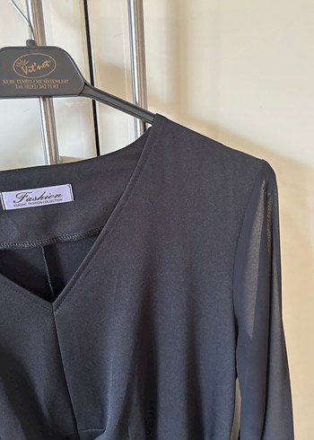 Siyah V Yakalı Uzun Kollu Drapeli Elbise - Görsel 3