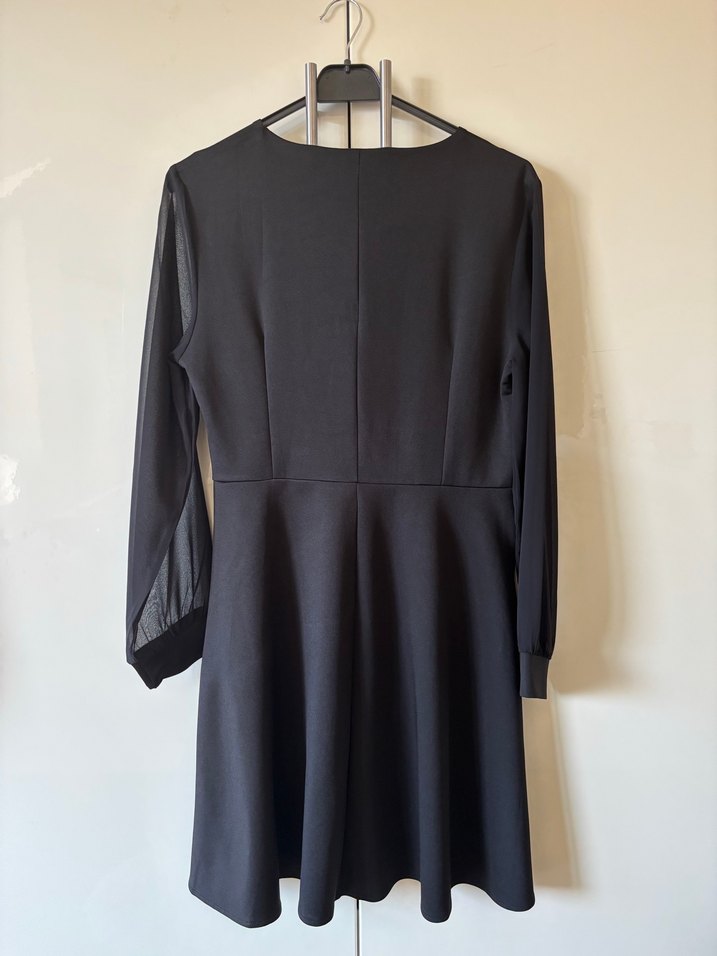 Siyah V Yakalı Uzun Kollu Drapeli Elbise - Görsel 5