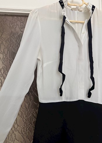 Beyaz Siyah Midi Kemerli Uzun Kollu Elbise - Görsel 2