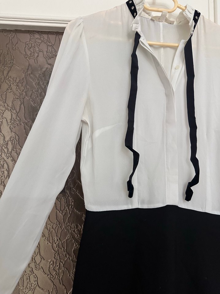 Beyaz Siyah Midi Kemerli Uzun Kollu Elbise - Görsel 2