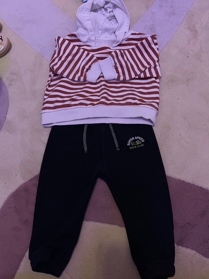 Bordo Çizgili Kapüşonlu Bebek Takımı - Görsel 2