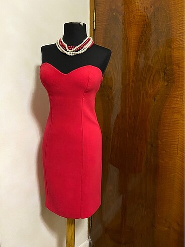 Tasarımcı #Elbise #Kısa #Straplez #Abiye #Kırmızı