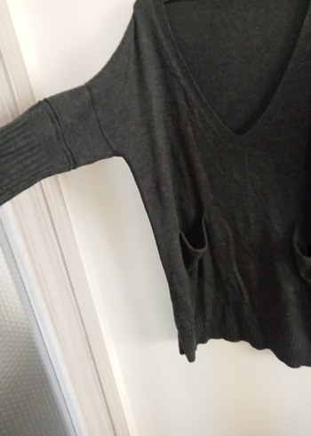 Gri V Yakalı Örgü Kadın Triko - Görsel 5