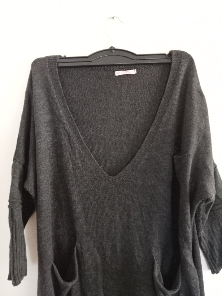 Gri V Yakalı Örgü Kadın Triko - Görsel 2
