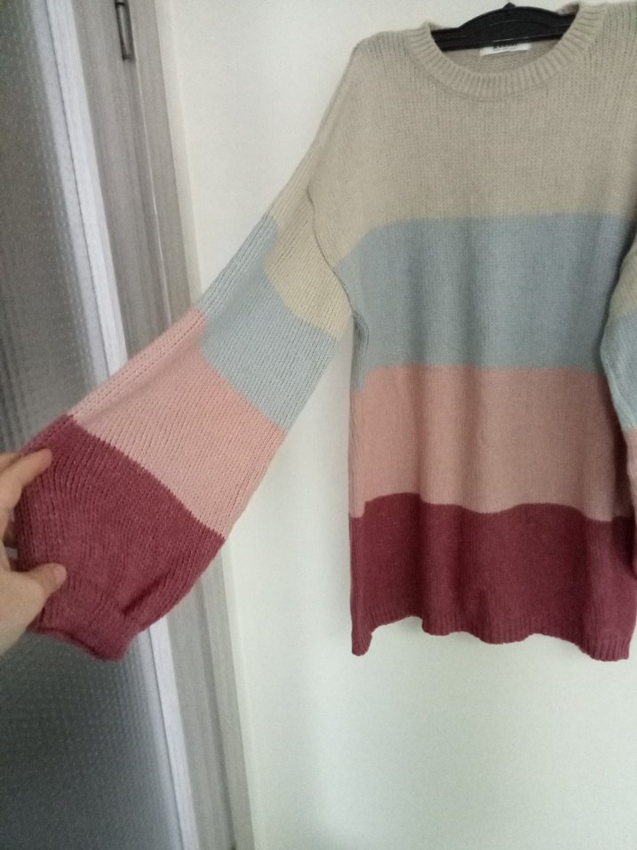 Renkli Çizgili Örgü Kadın Kazak - Görsel 3