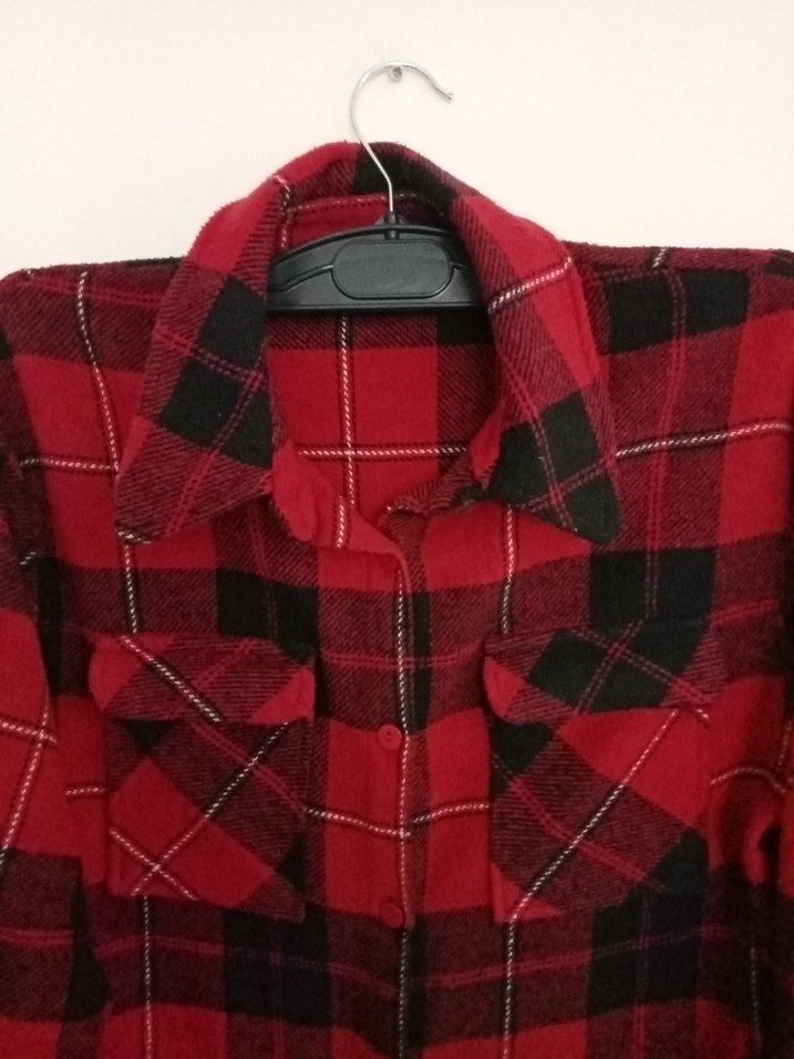 Kırmızı Ekose Düğmeli Kadın Gömlek - Görsel 2