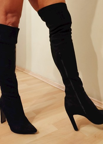 Siyah Süet  Diz Üstü İnce Topuklu Bot - Görsel 6