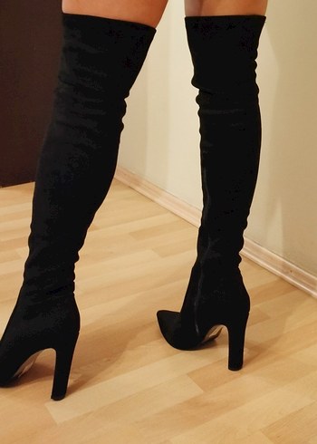 Siyah Süet  Diz Üstü İnce Topuklu Bot - Görsel 4