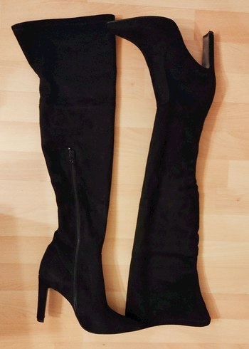 Siyah Süet  Diz Üstü İnce Topuklu Bot - Görsel 2