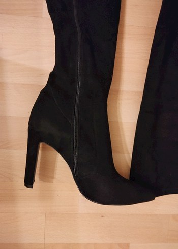 Siyah Süet  Diz Üstü İnce Topuklu Bot - Görsel 5