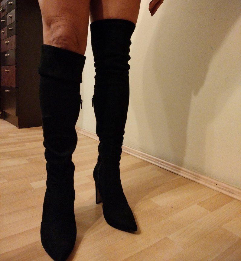 Siyah Süet  Diz Üstü İnce Topuklu Bot - Görsel 3