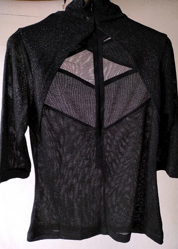 simli siyah transparan detaylı bluz - Görsel 4