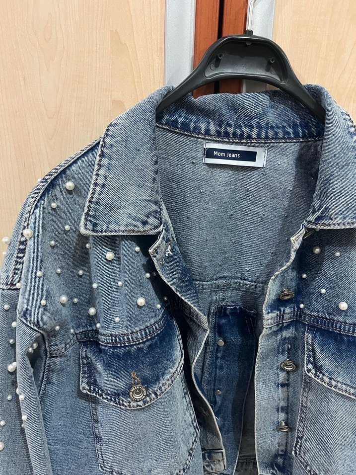 İnci Detaylı Kısa Mavi Denim Ceket - Görsel 2