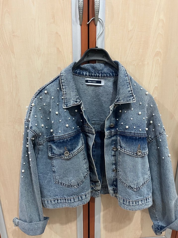 İnci Detaylı Kısa Mavi Denim Ceket - Görsel 4