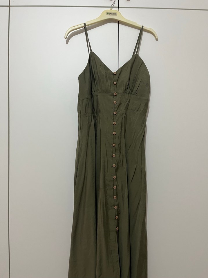 Düğmeli V Yaka Keten Haki Uzun Elbise - Görsel 2