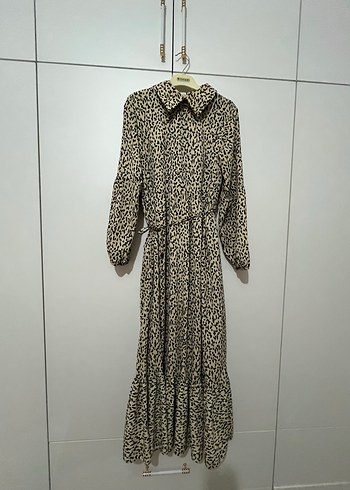 Bej Gri Zebra Desenli Uzun Kollu Uzun Elbise - Görsel 3