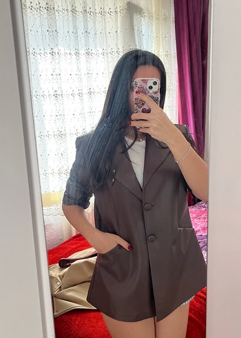 l Beden kahverengi Renk Düğmeli Kahverengi blazer Deri Ceket