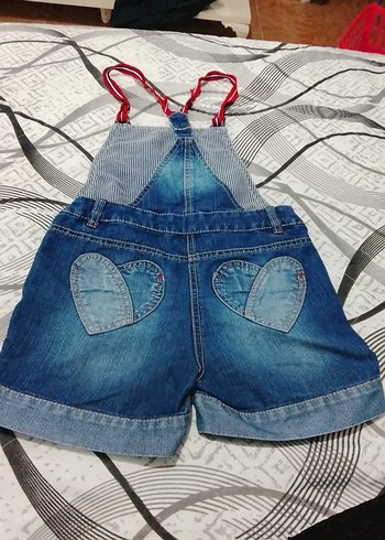 Nakışlı Mavi Kız Kot Şort Salopet - Görsel 4