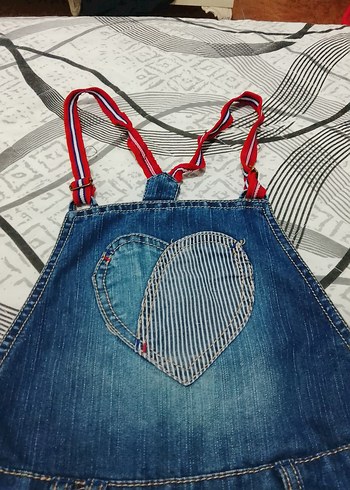 Nakışlı Mavi Kız Kot Şort Salopet - Görsel 2