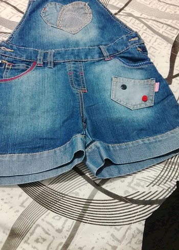 Nakışlı Mavi Kız Kot Şort Salopet - Görsel 3