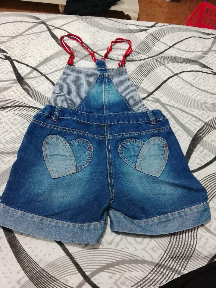 Nakışlı Mavi Kız Kot Şort Salopet - Görsel 4