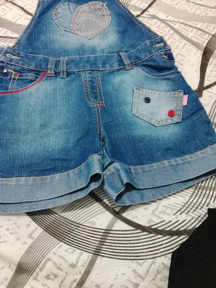 Nakışlı Mavi Kız Kot Şort Salopet - Görsel 3