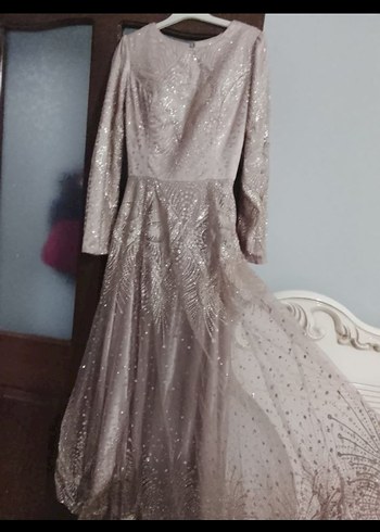 Bej Uzun Kollu abiye elbise - Görsel 5