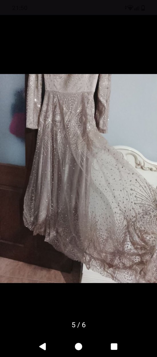 Bej Uzun Kollu abiye elbise - Görsel 4