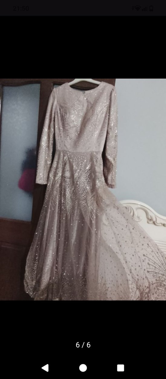 Bej Uzun Kollu abiye elbise - Görsel 5