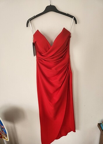 Kırmızı straplez midi abiye elbise 36 beden ama 38 uyumlu - Görsel 7