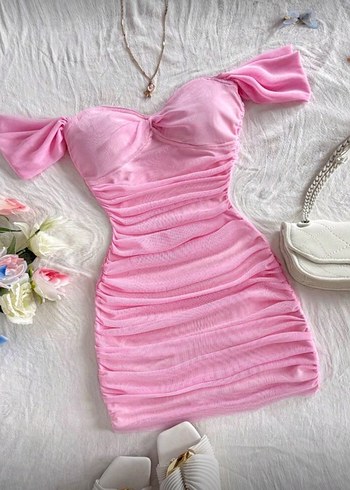 Shein Pembe Straplez Pilili Mini Elbise