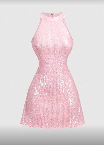 Shein Pembe Simli Kolsuz Mini Abiye Elbise