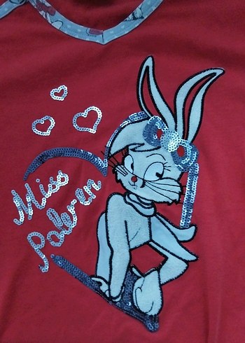 Kız Çocuk Kırmızı Dantel Detaylı Baskılı Tişört - Görsel 2