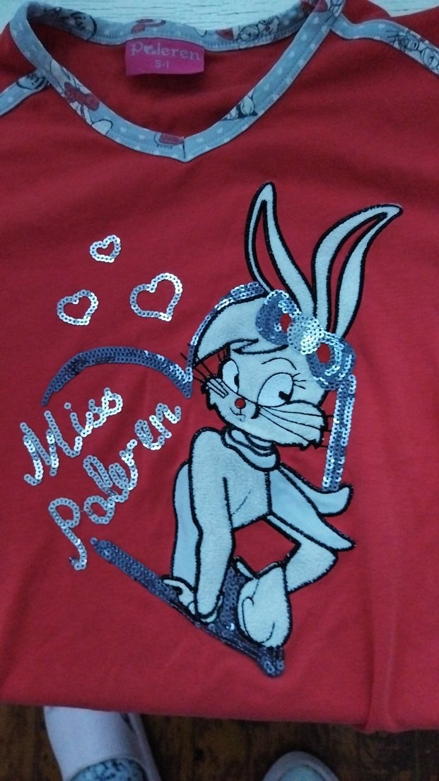 Kız Çocuk Kırmızı Dantel Detaylı Baskılı Tişört - Görsel 2