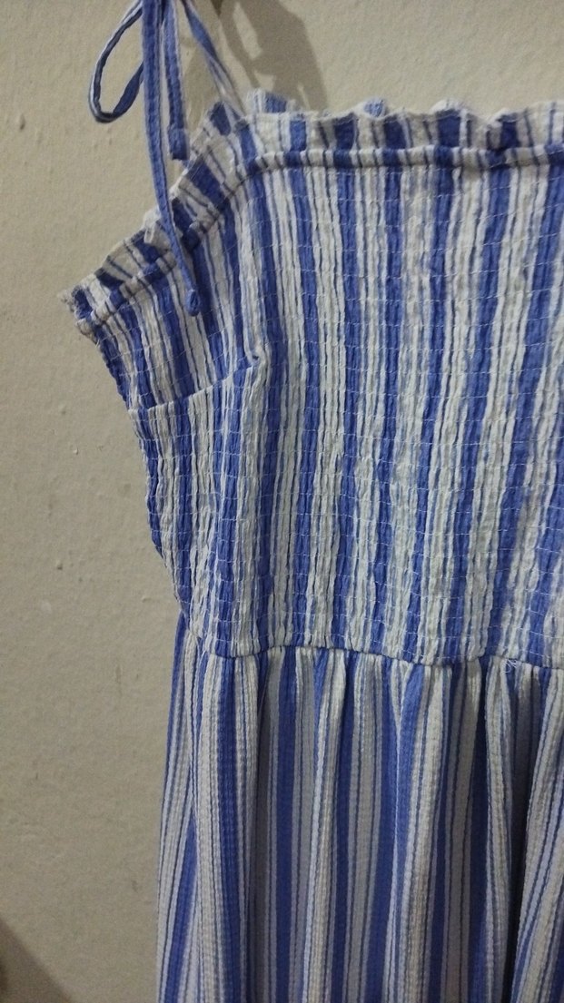 Mavi Çizgili Askılı Uzun Elbise - Görsel 3