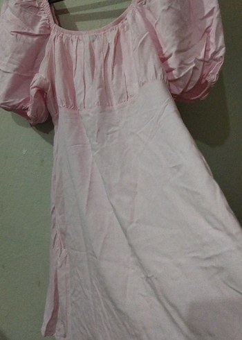 Pembe Midi Boy Pliseli Keten Elbise - Görsel 8