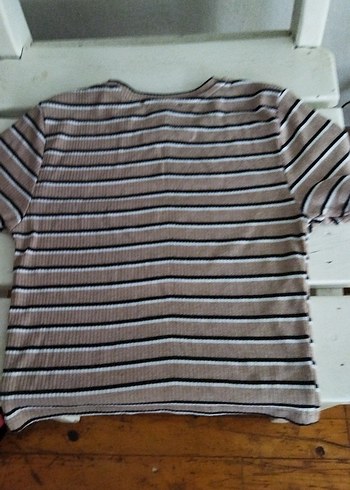 Bej Çizgili Kısa Kollu Kadın Tişört - Görsel 5