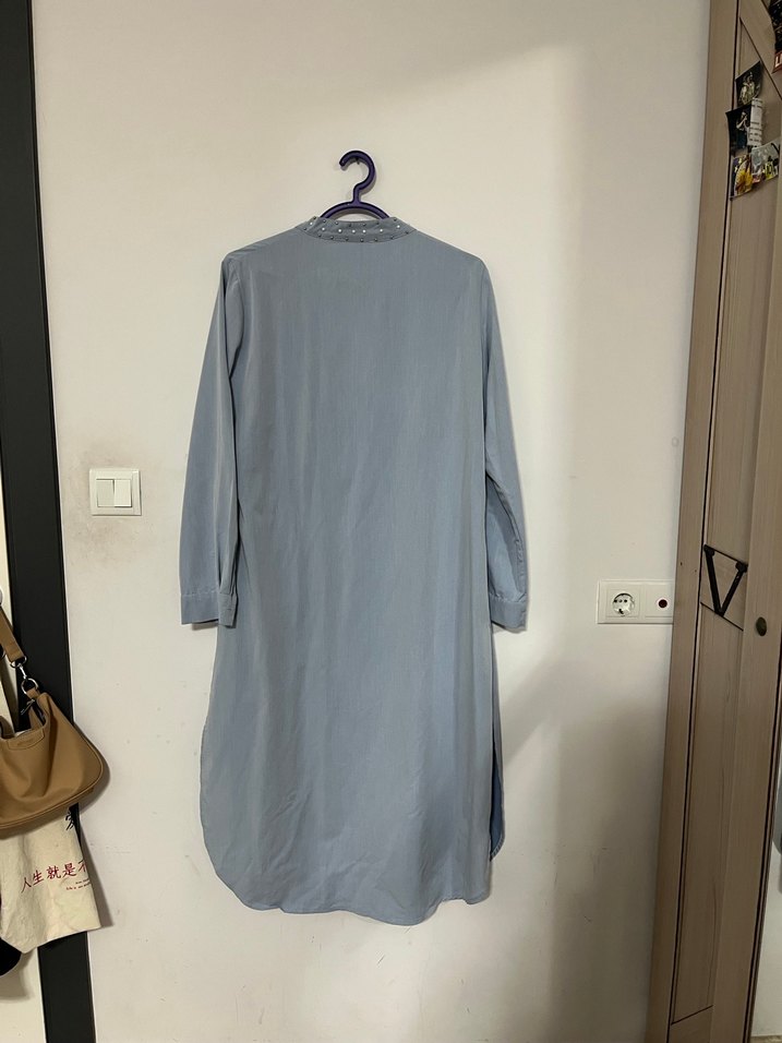 Gri Kadın Uzun Kot Gömlek - Görsel 2