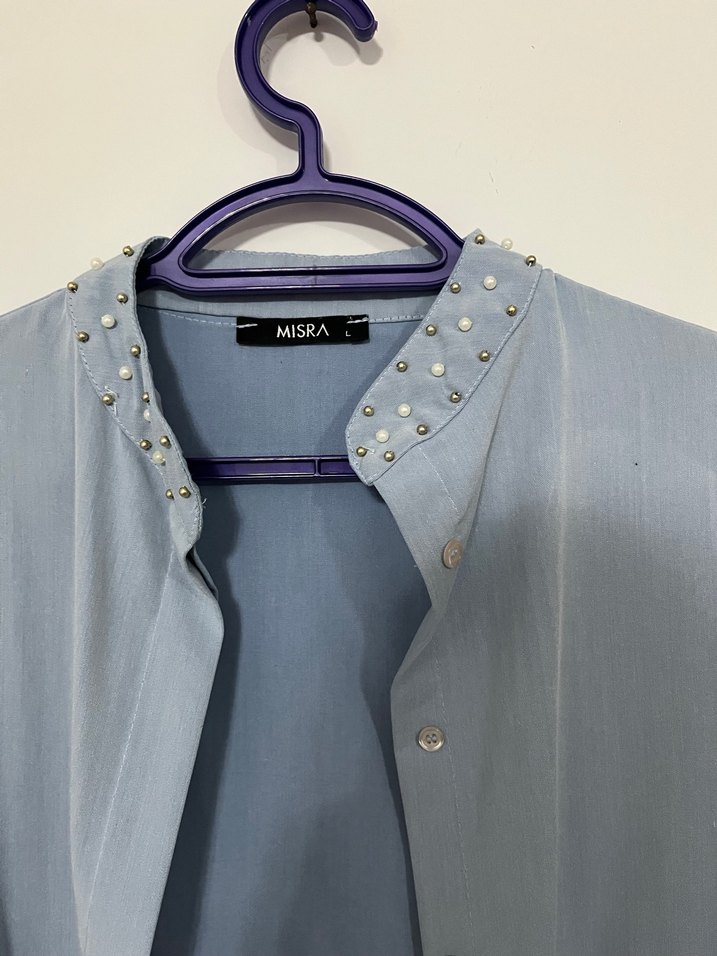 Gri Kadın Uzun Kot Gömlek - Görsel 3