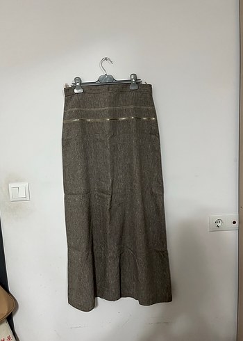 Kahverengi Keten Kadın Uzun Etek - Görsel 2