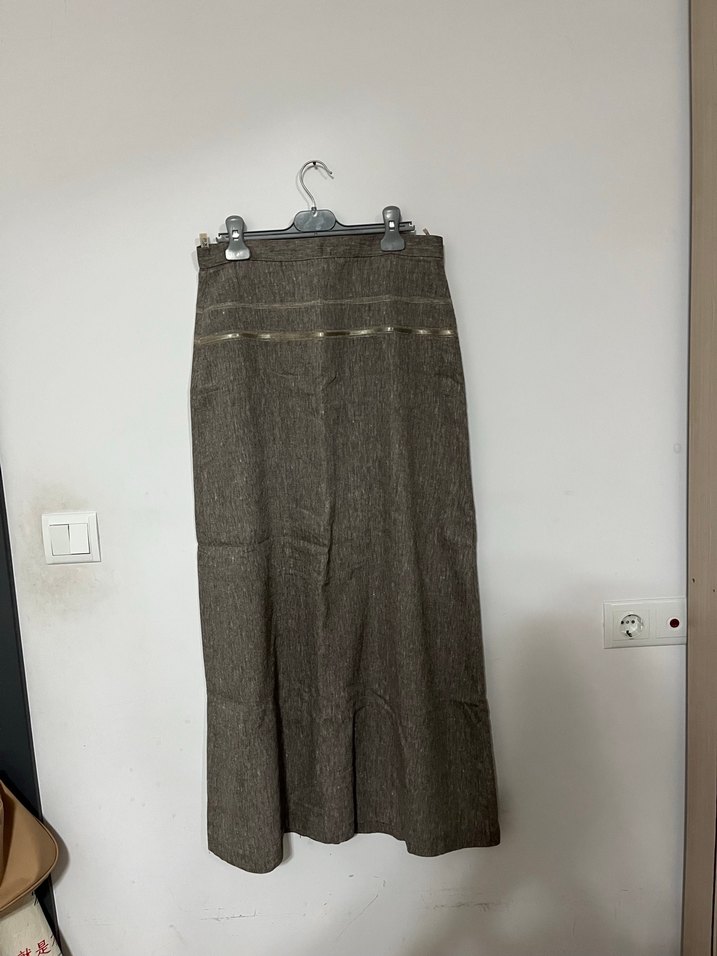 Kahverengi Keten Kadın Uzun Etek - Görsel 2